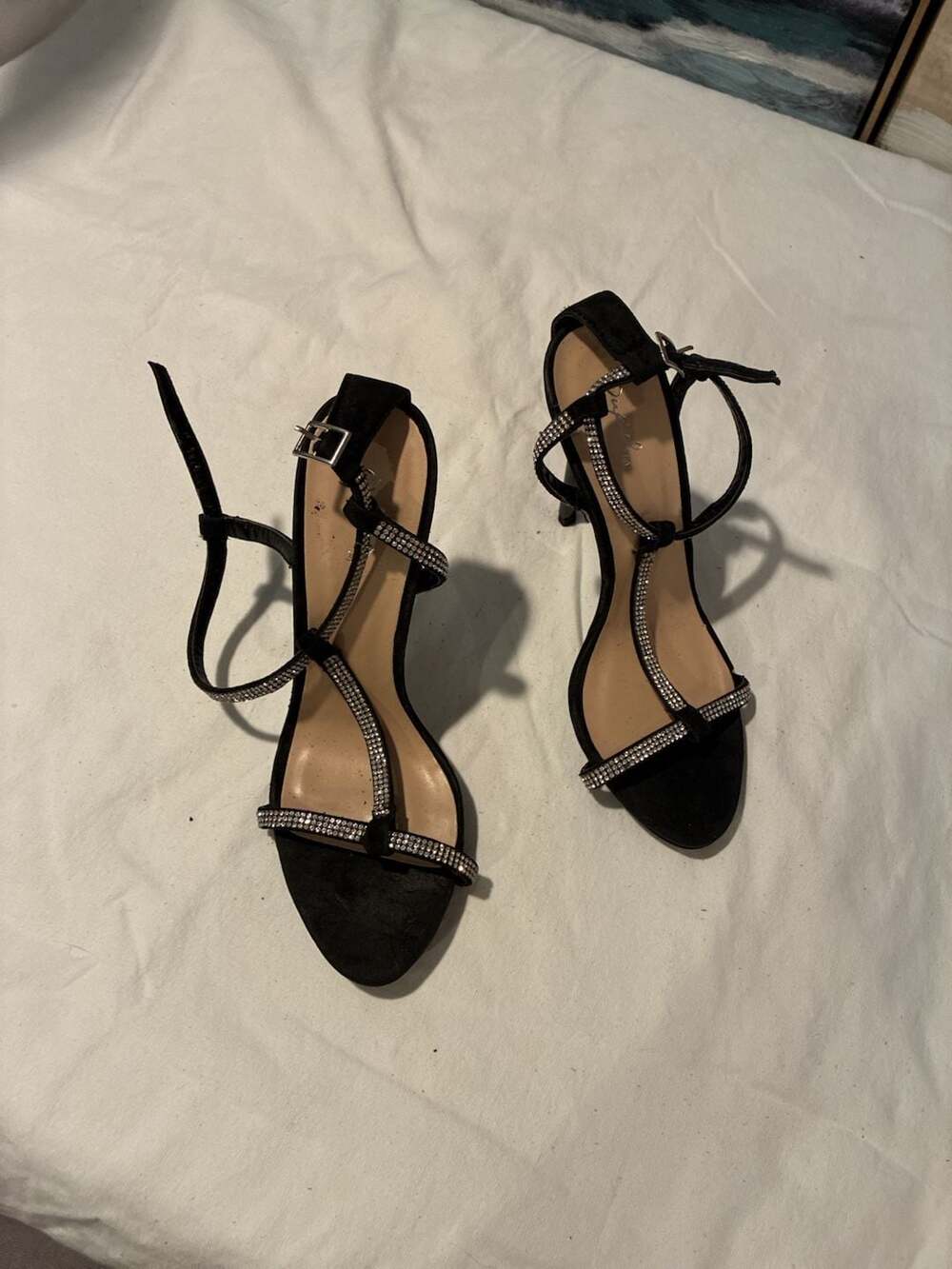 Cupid Women's Black Rhinestone Embellished Ankle Strap Stiletto Sandals
